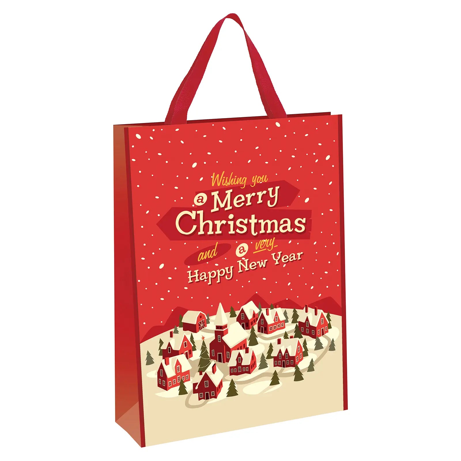 red merry christmas gift bag featuring cosy snow village scene with snow pattern behind slogan